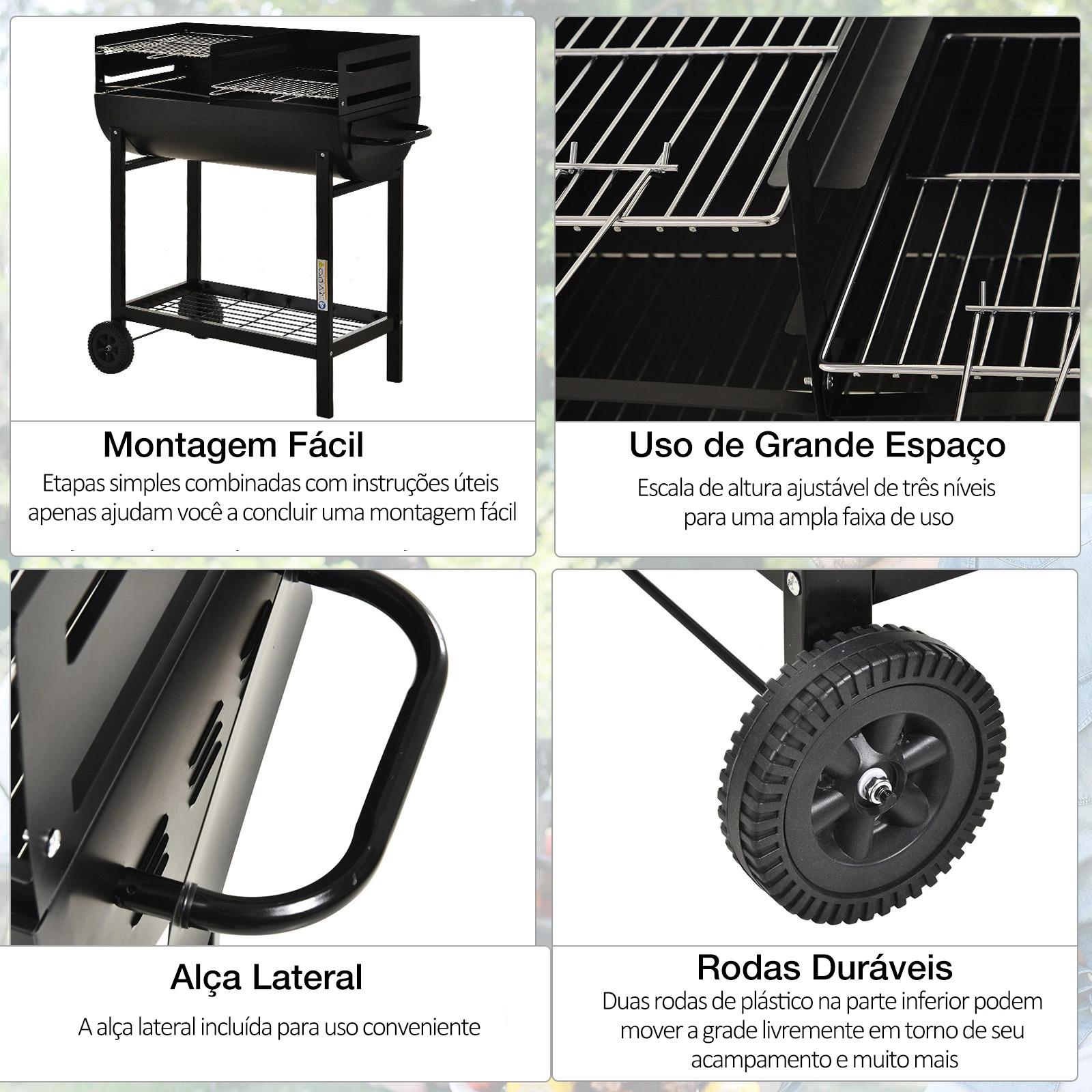 Barbecue a carvão com grelha ajustável em altura prateleira de armazenamento e rodas 90x45x96 cm preto
