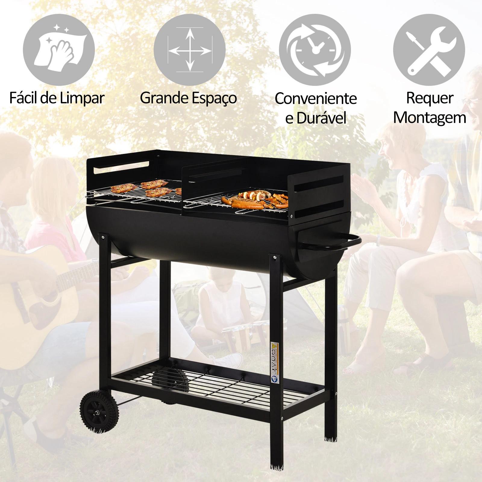 Barbecue a carvão com grelha ajustável em altura prateleira de armazenamento e rodas 90x45x96 cm preto