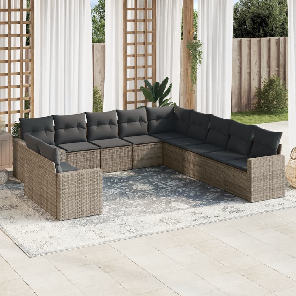 11 Pcs conjunto sofás de jardim c/ almofadões vime PE cinzento