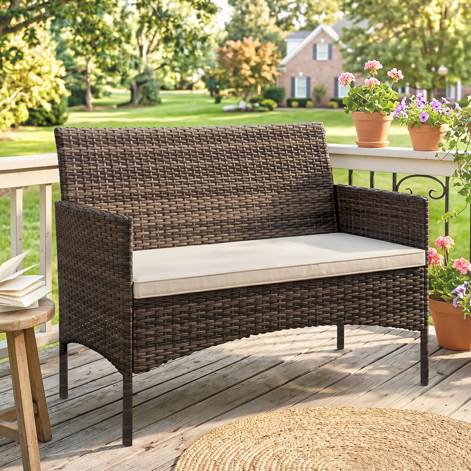 Sofá de exterior em rattan de 2 lugares sofá de jardim com almofada lavável estrutura de aço para varanda caqui