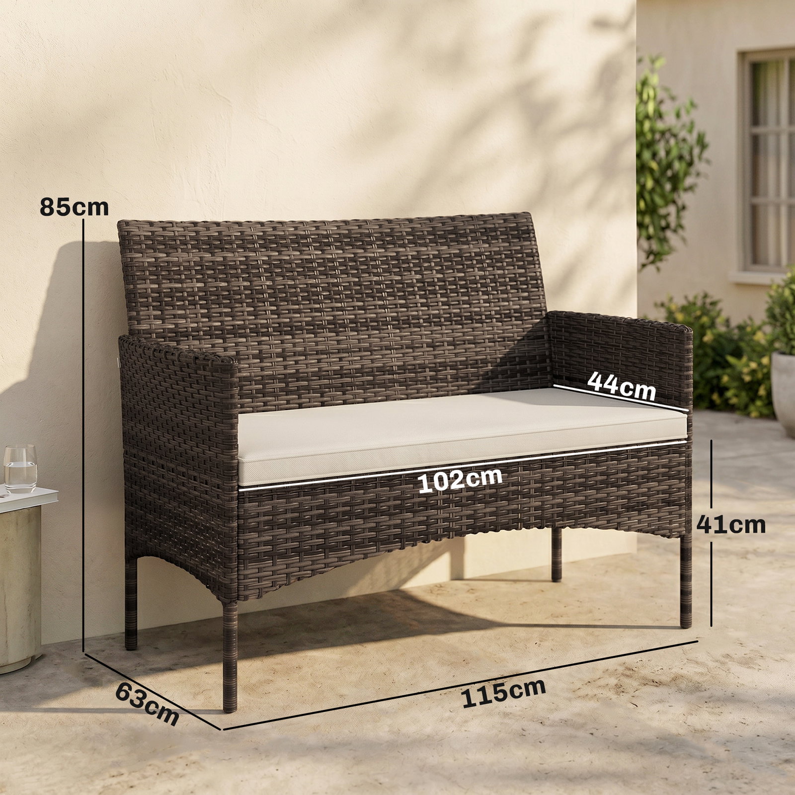 Sofá de exterior em rattan de 2 lugares sofá de jardim com almofada lavável estrutura de aço para varanda caqui