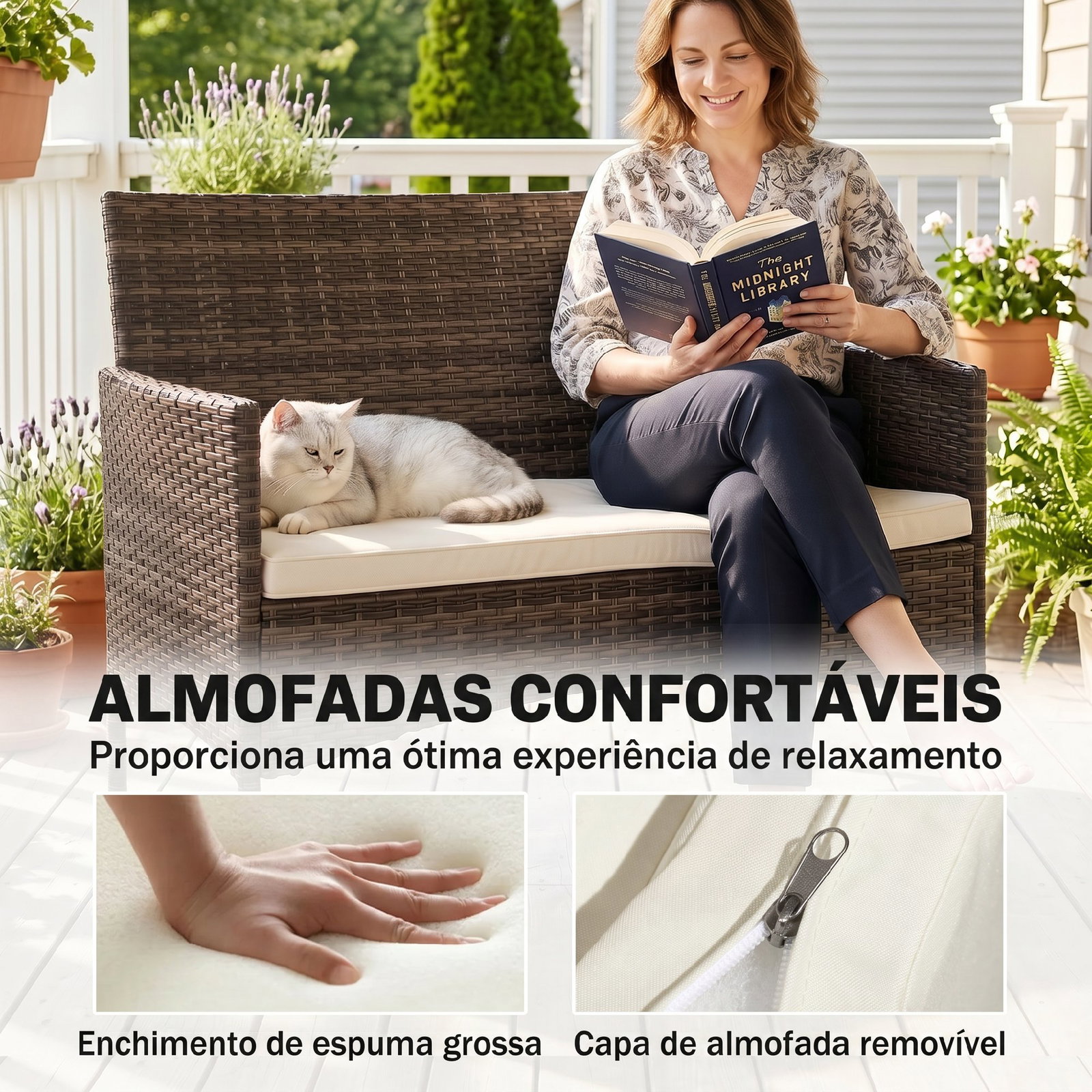 Sofá de exterior em rattan de 2 lugares sofá de jardim com almofada lavável estrutura de aço para varanda caqui