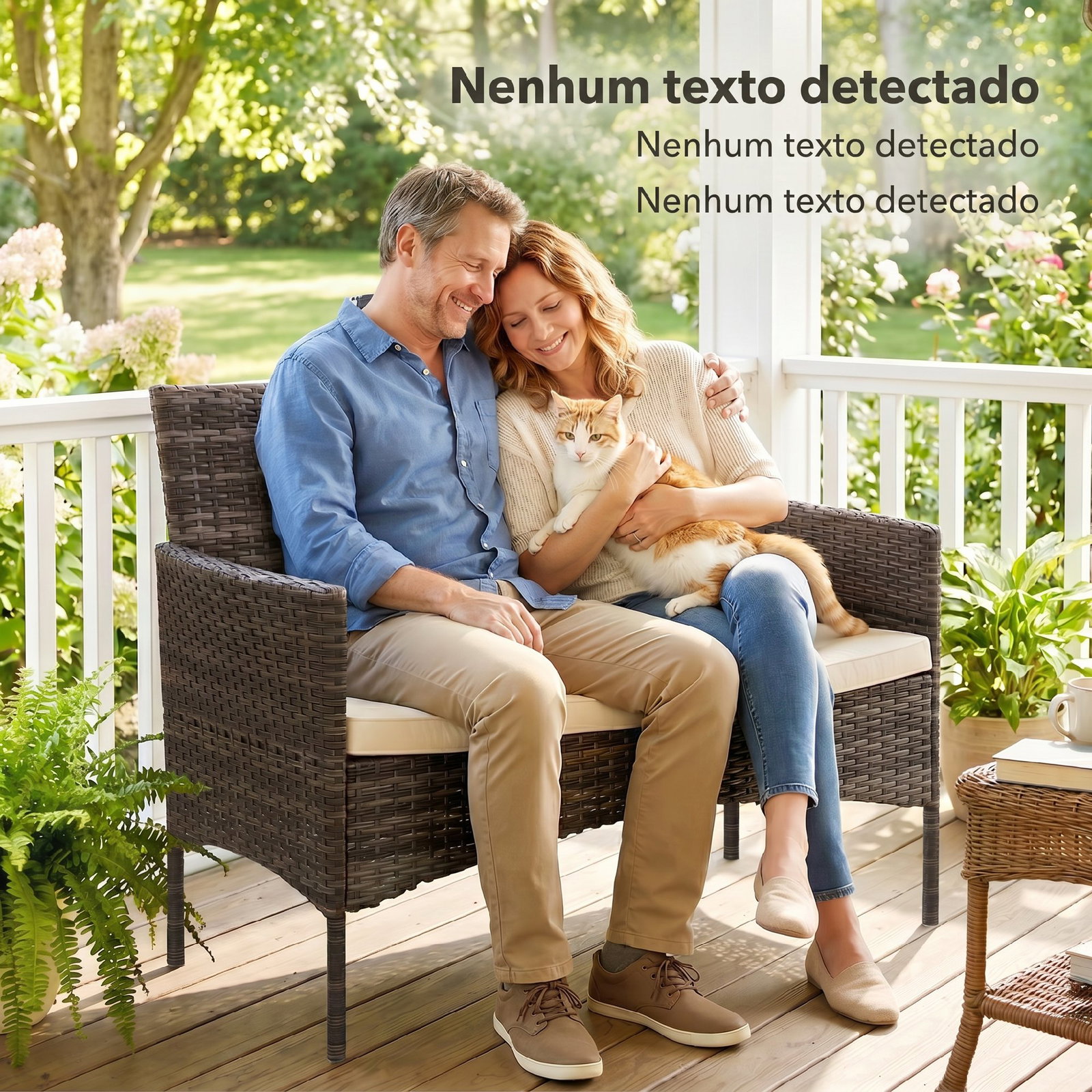 Sofá de exterior em rattan de 2 lugares sofá de jardim com almofada lavável estrutura de aço para varanda caqui