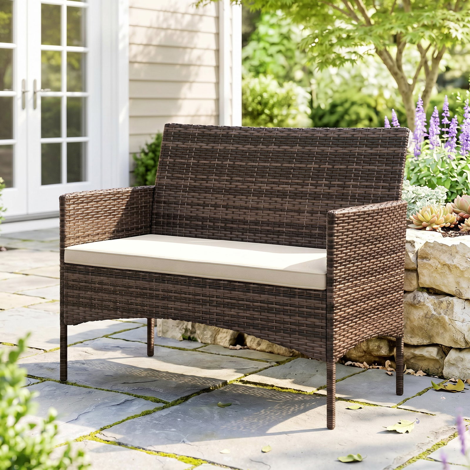 Sofá de exterior em rattan de 2 lugares sofá de jardim com almofada lavável estrutura de aço para varanda caqui