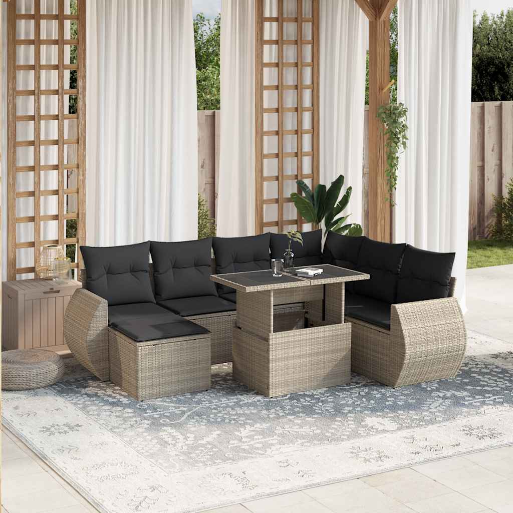 8 Pcs conj. sofás jardim c/ almofadões vime PE cinzento-claro