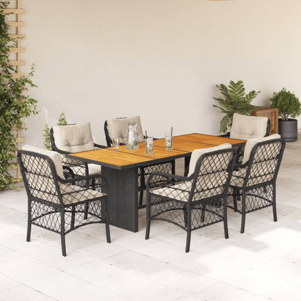 7 Pcs conjunto de jantar p/ jardim c/ almofadões vime PE preto