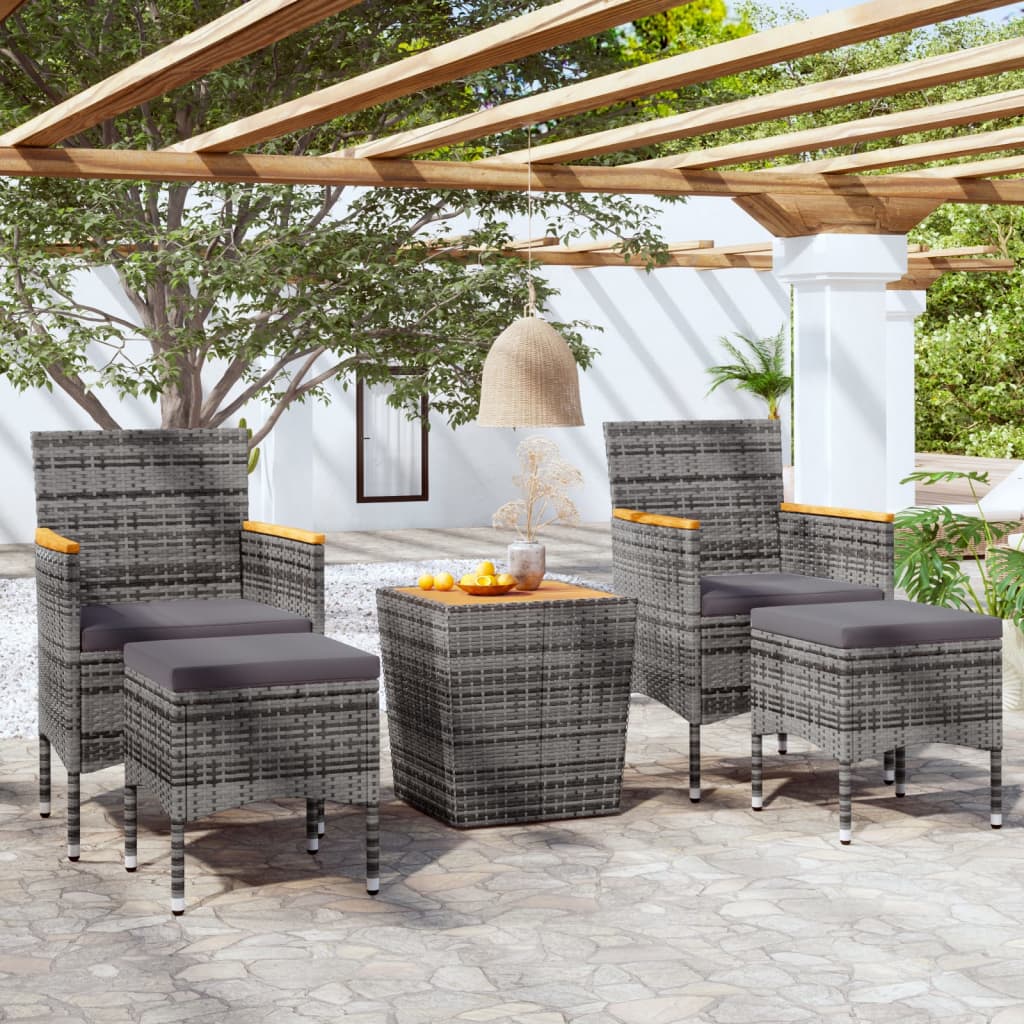 5 Pcs conjunto bistrô de jardim vime PE/acácia maciça cinzento
