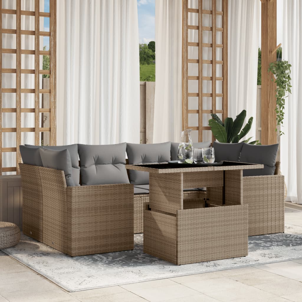 7 Pcs conjunto de sofás p/ jardim com almofadões vime PE bege