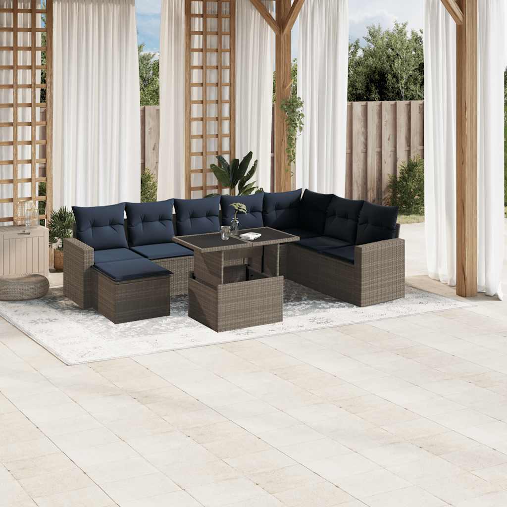 Conjunto de sofá de jardim de 9 peças com almofadas em rattan sintético cinza