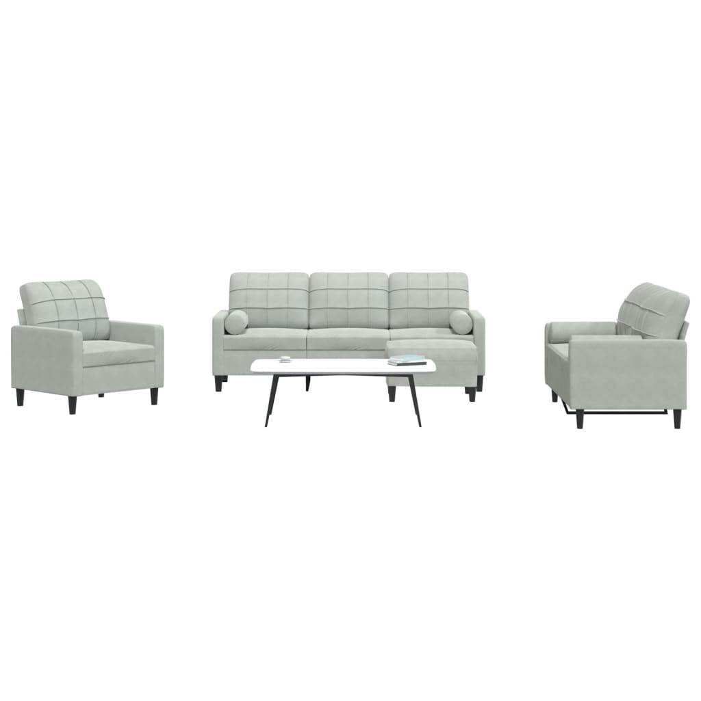 4 Pcs conjunto sofás com almofadões e rolos veludo cinza-claro