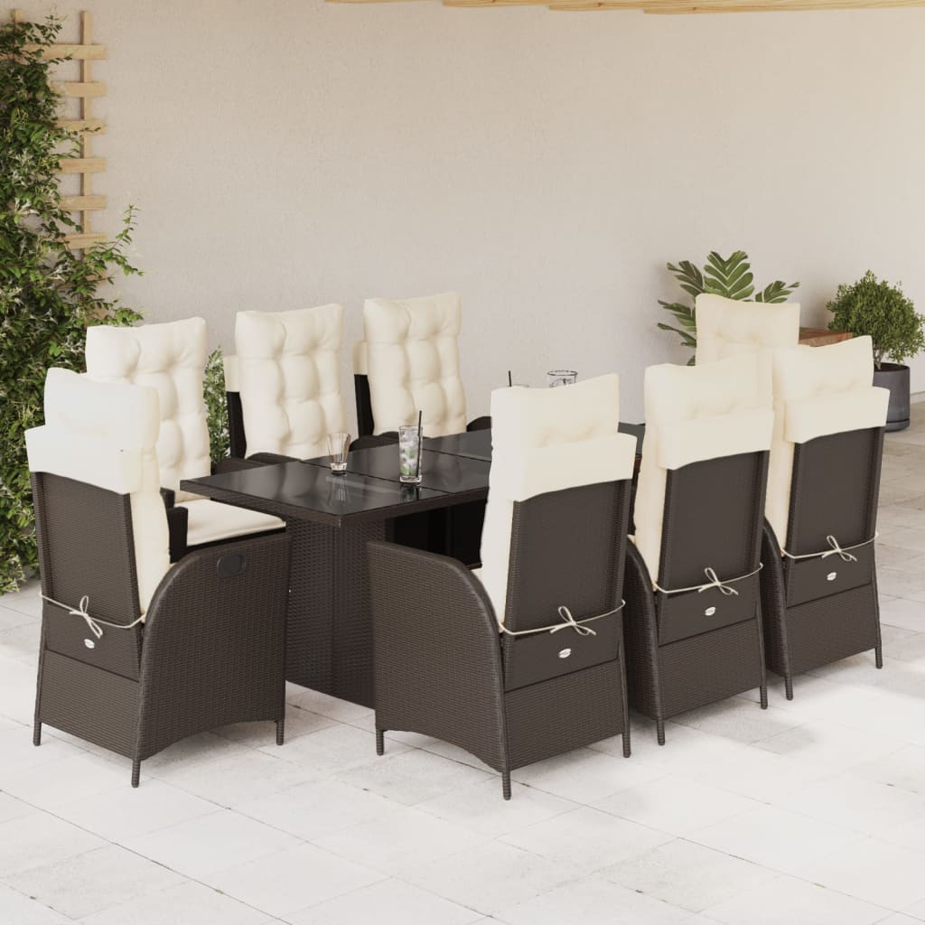 9 Pcs conjunto jantar p/ jardim c/ almofadões vime PE castanho