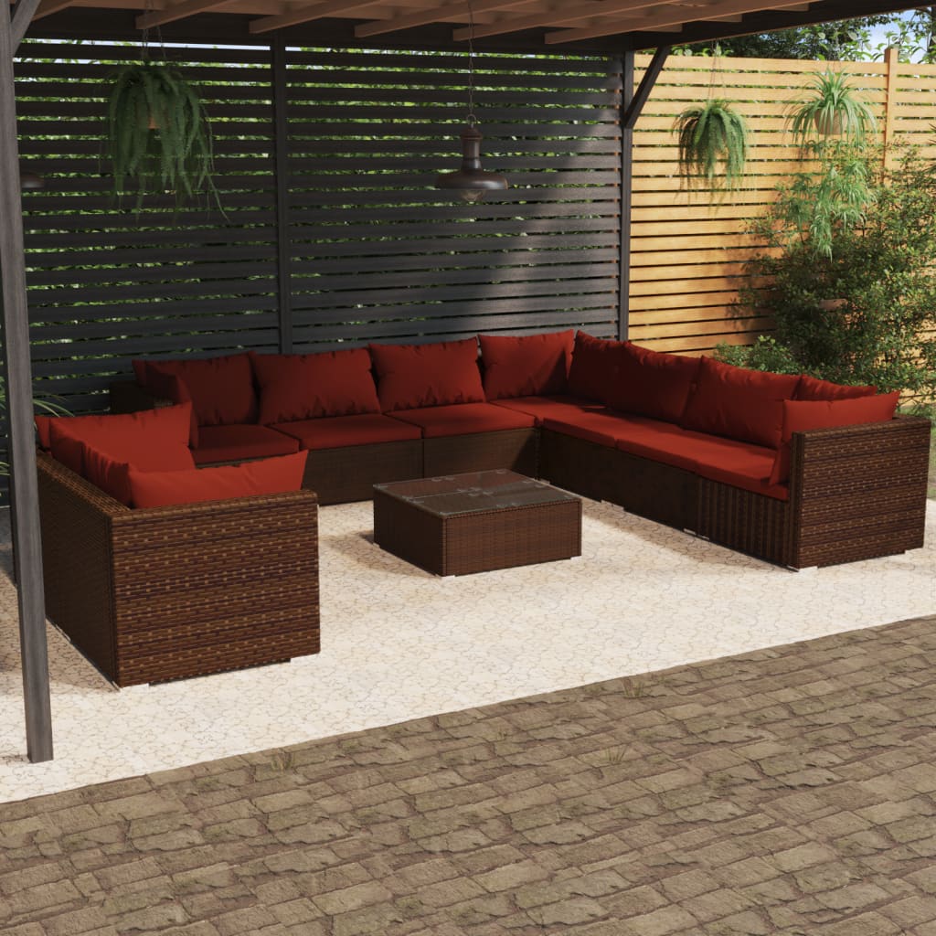 10 Pcs conjunto lounge jardim c/ almofadões vime PE castanho