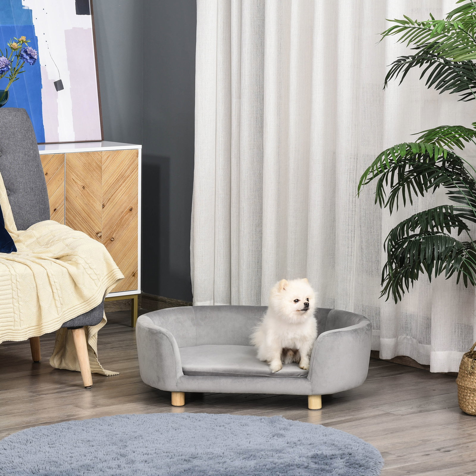 Sofá para cães pequenos com pés de madeira almofada removível e capa lavável 86x55x33 cm cinzento claro
