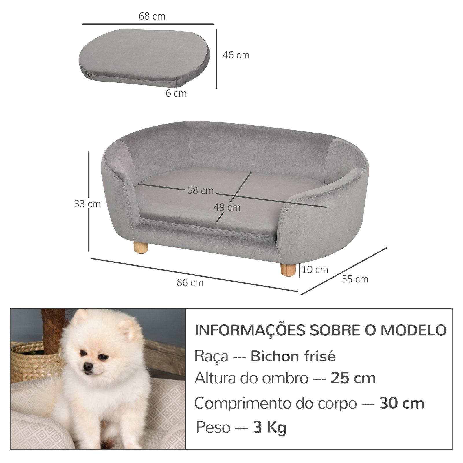 Sofá para cães pequenos com pés de madeira almofada removível e capa lavável 86x55x33 cm cinzento claro