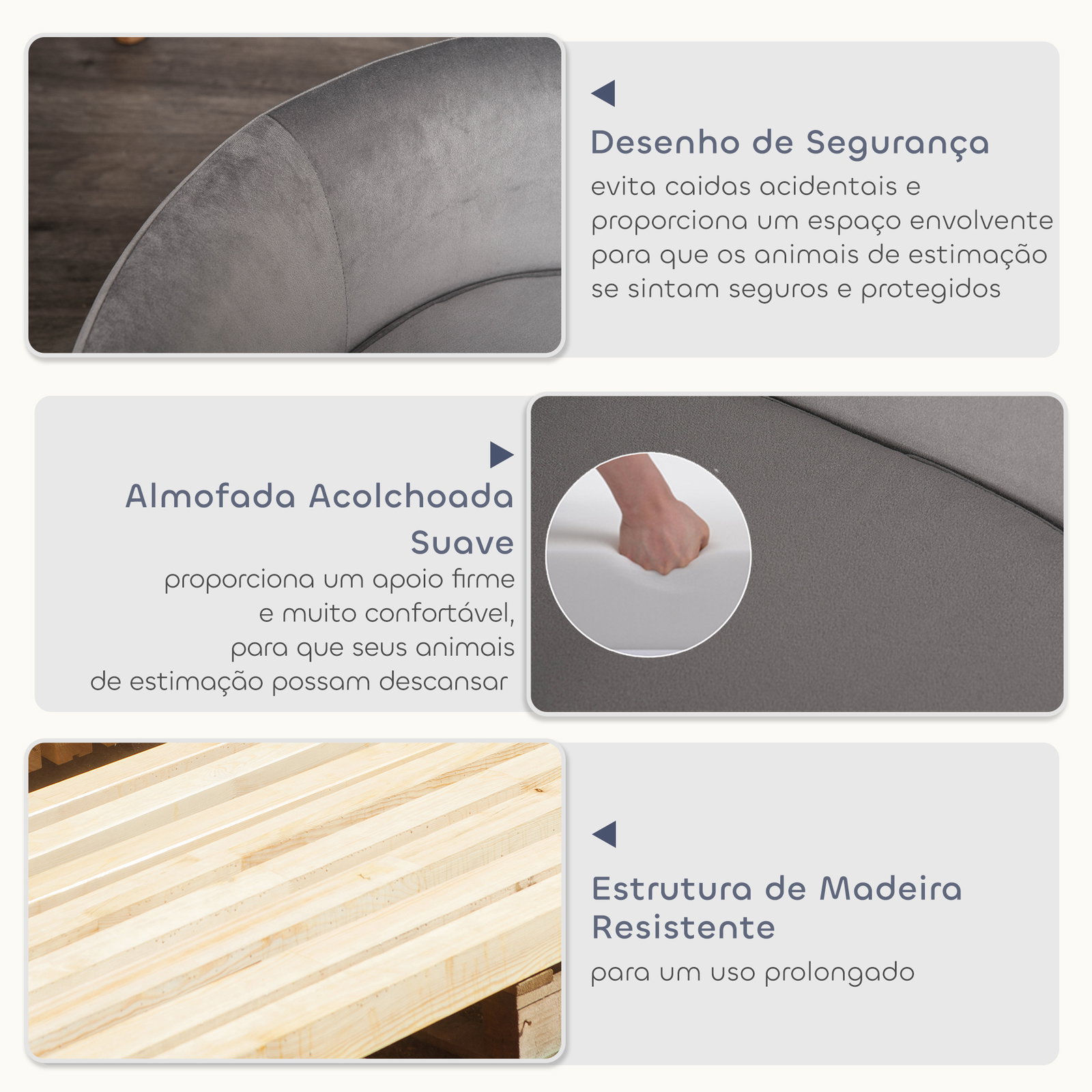 Sofá para cães pequenos com pés de madeira almofada removível e capa lavável 86x55x33 cm cinzento claro