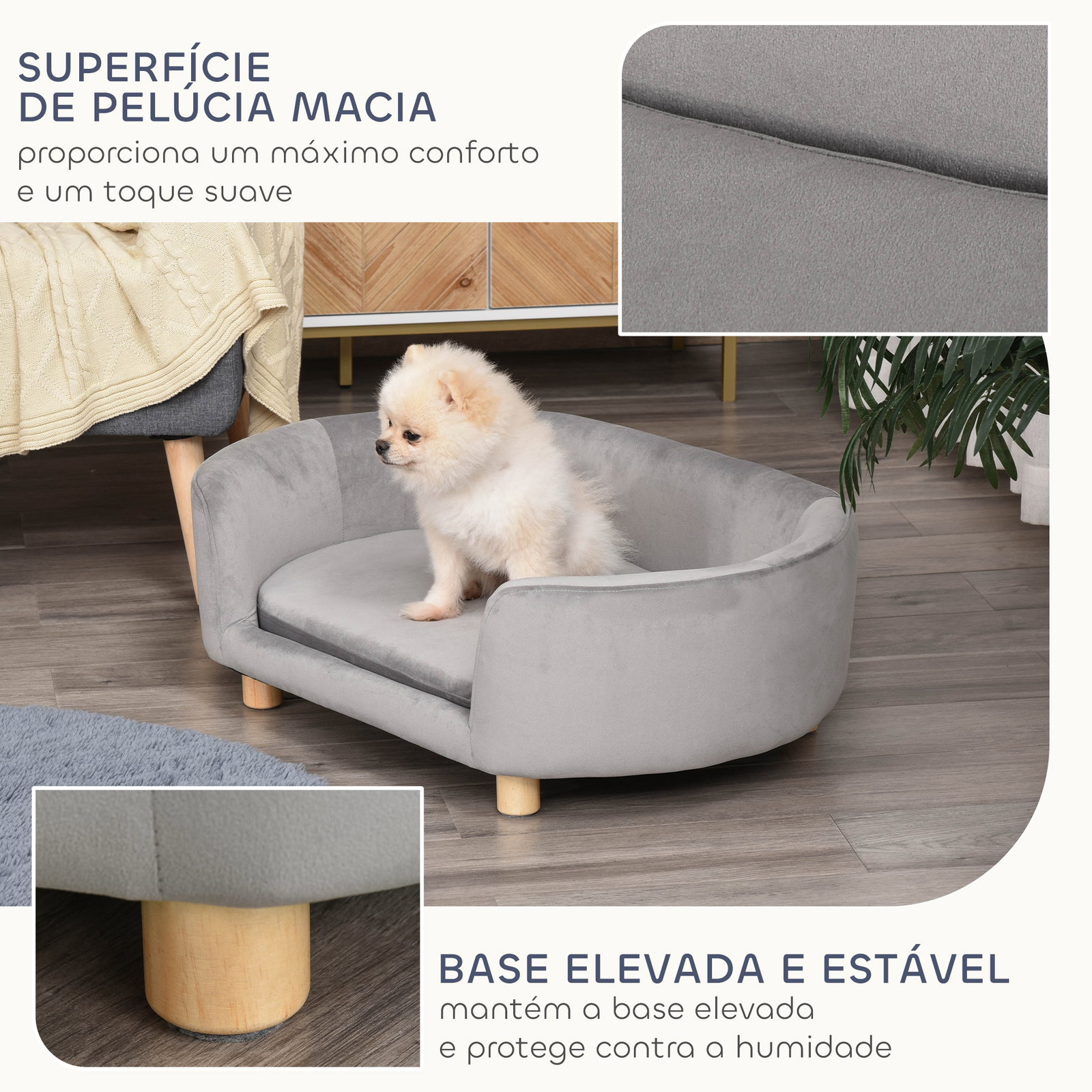 Sofá para cães pequenos com pés de madeira almofada removível e capa lavável 86x55x33 cm cinzento claro