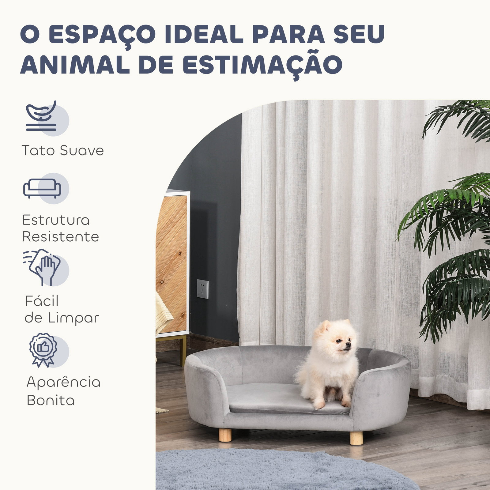 Sofá para cães pequenos com pés de madeira almofada removível e capa lavável 86x55x33 cm cinzento claro