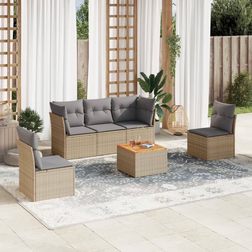 6 Pcs conjunto de sofás p/ jardim com almofadões vime PE bege