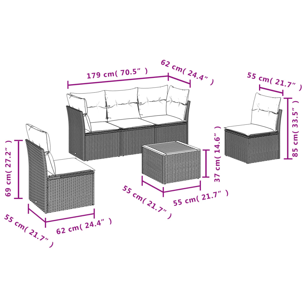 6 Pcs conjunto de sofás p/ jardim com almofadões vime PE bege