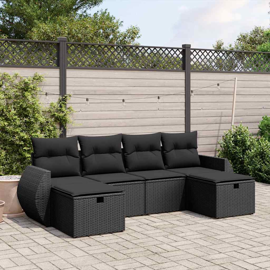 6 Pcs conjunto sofás de jardim c/ almofadões vime PE preto