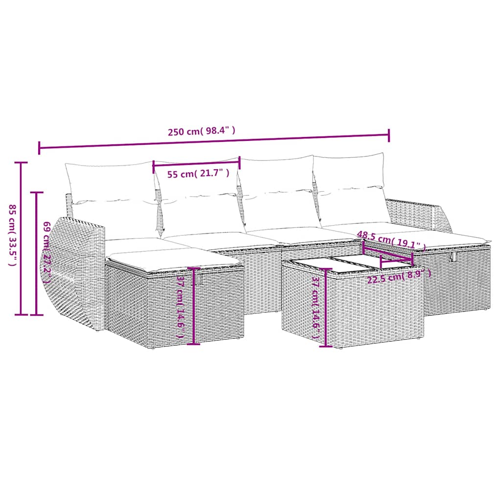 6 Pcs conjunto sofás de jardim c/ almofadões vime PE preto