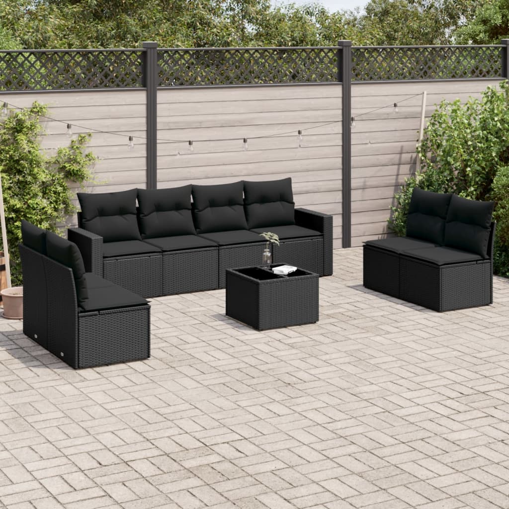 9 Pcs conjunto de sofás p/ jardim c/ almofadões vime PE preto