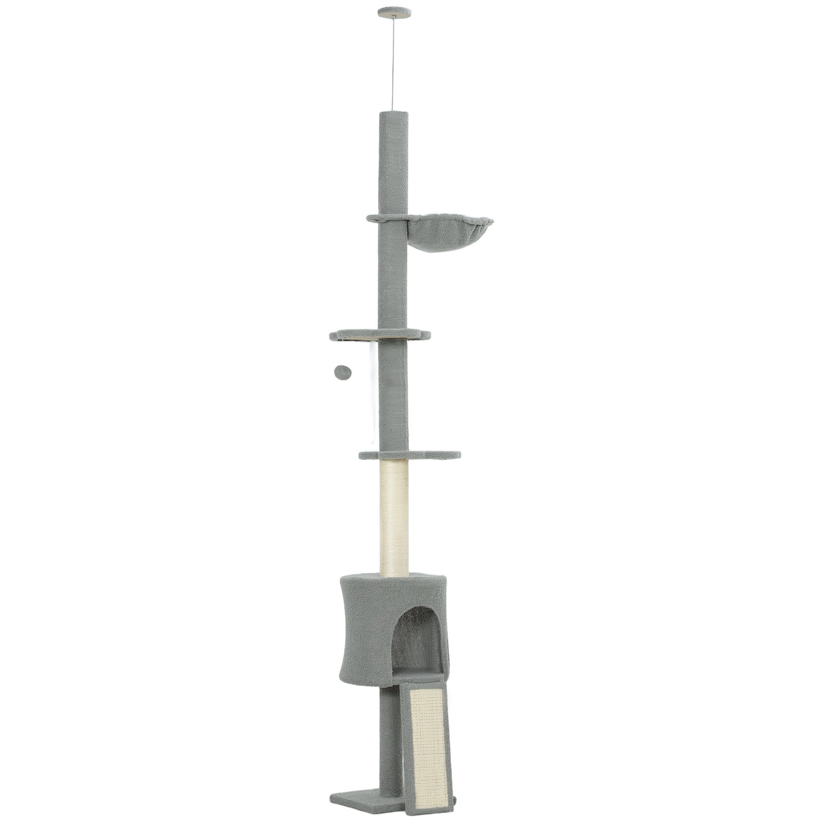Arranhador para gatos de chão a teto com altura ajustável de 220-240 cm rede plataformas em flor cavernas rampa e bola cinza