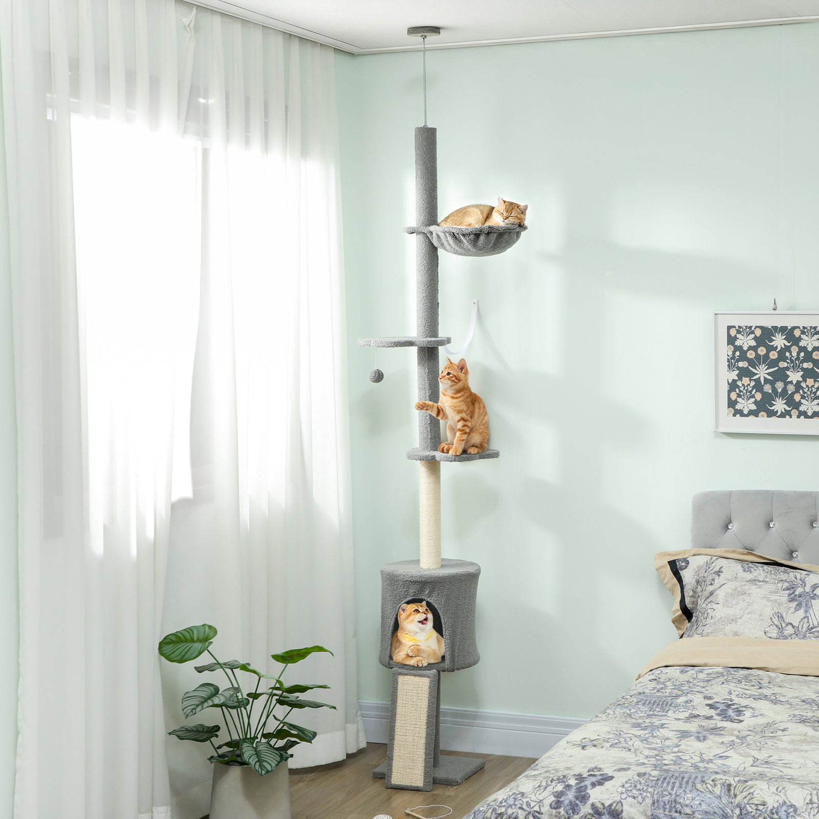 Arranhador para gatos de chão a teto com altura ajustável de 220-240 cm rede plataformas em flor cavernas rampa e bola cinza