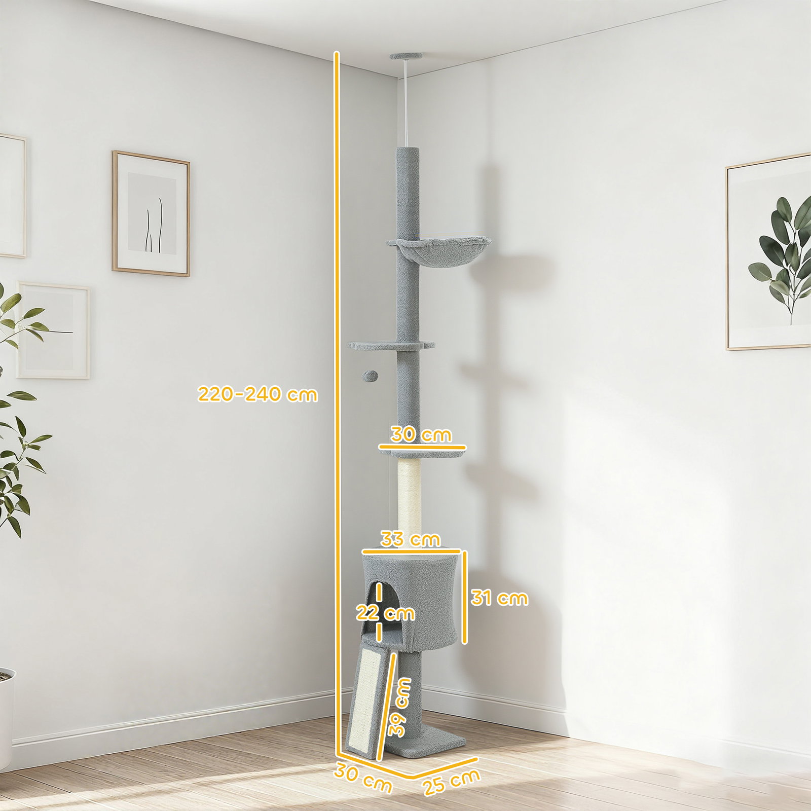 Arranhador para gatos de chão a teto com altura ajustável de 220-240 cm rede plataformas em flor cavernas rampa e bola cinza