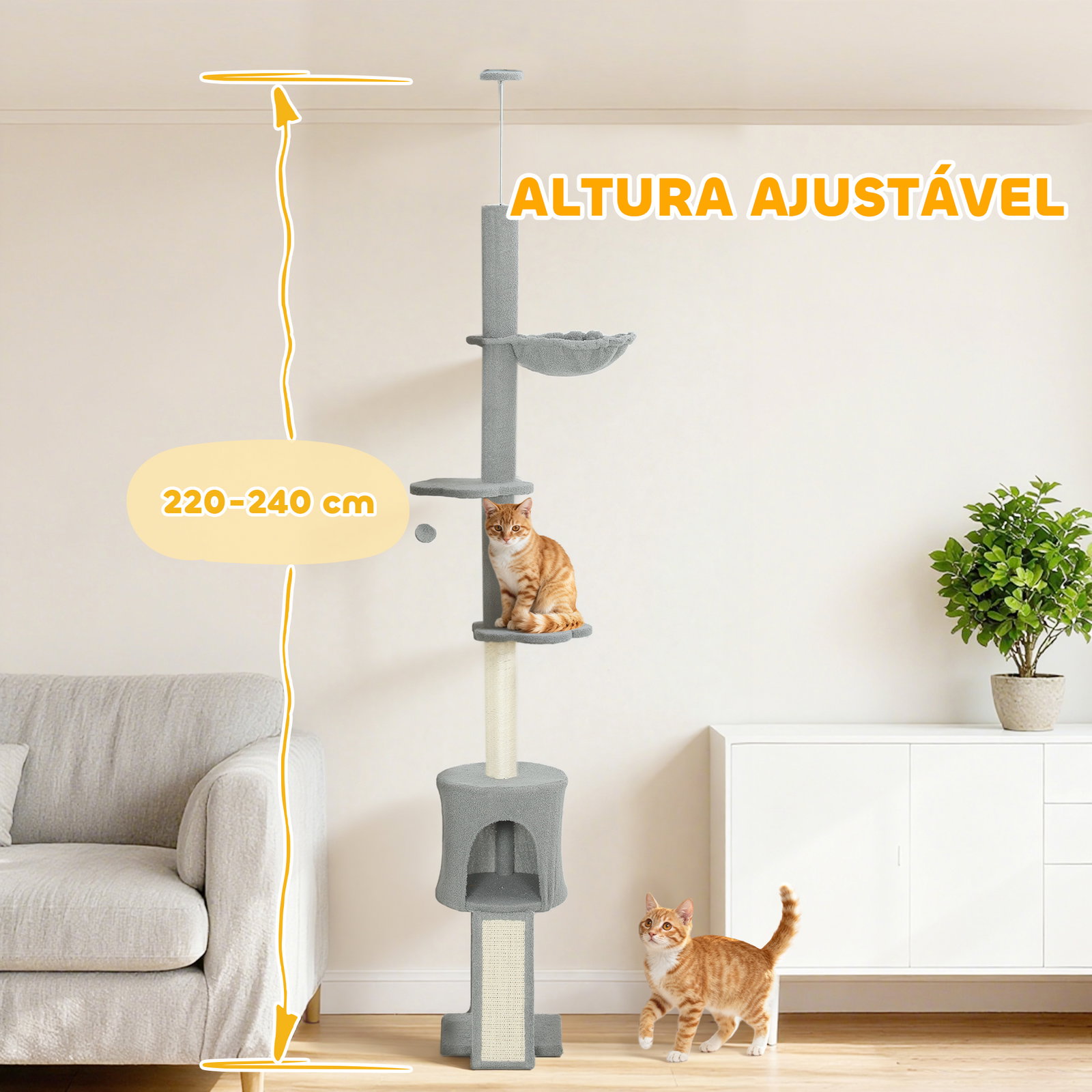 Arranhador para gatos de chão a teto com altura ajustável de 220-240 cm rede plataformas em flor cavernas rampa e bola cinza