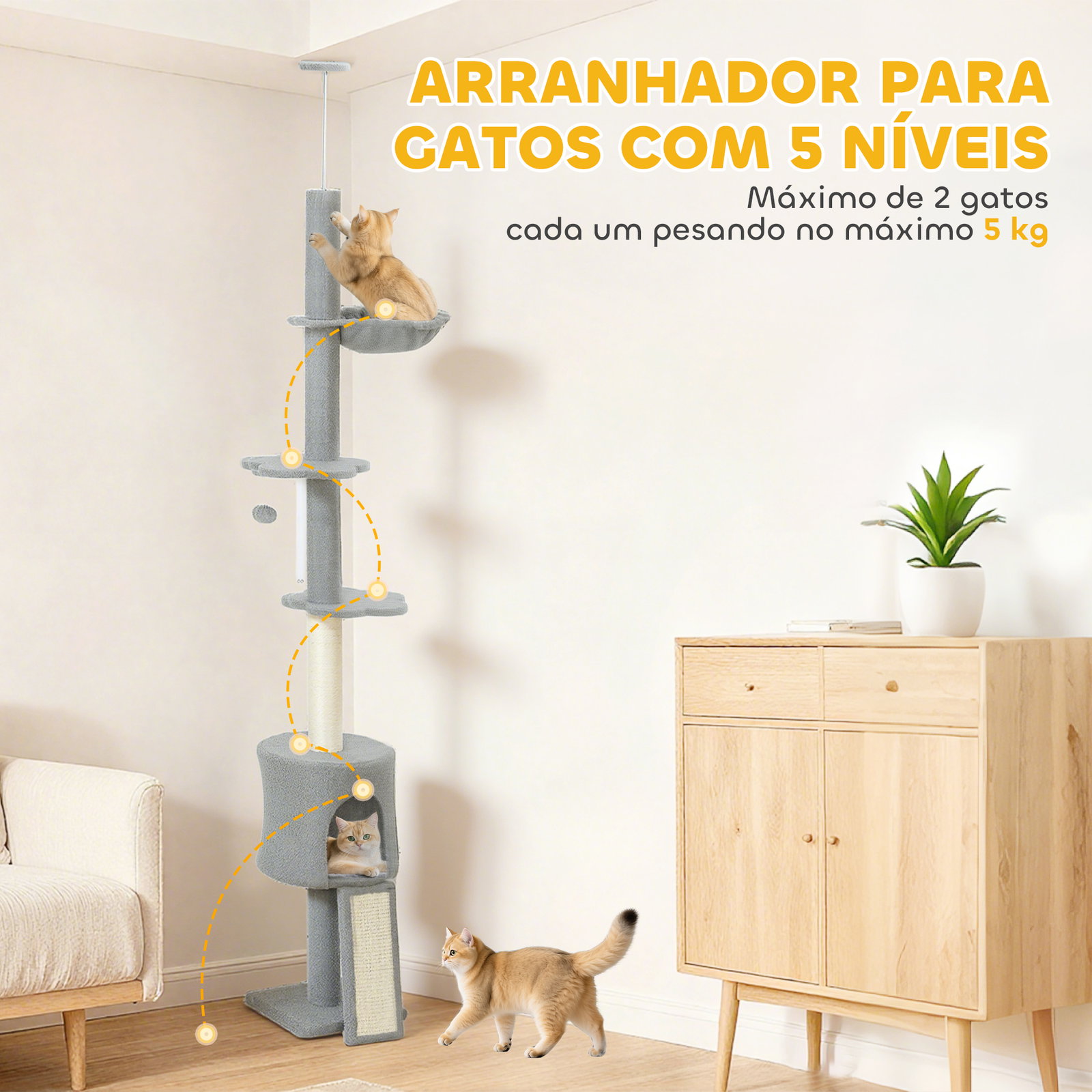 Arranhador para gatos de chão a teto com altura ajustável de 220-240 cm rede plataformas em flor cavernas rampa e bola cinza