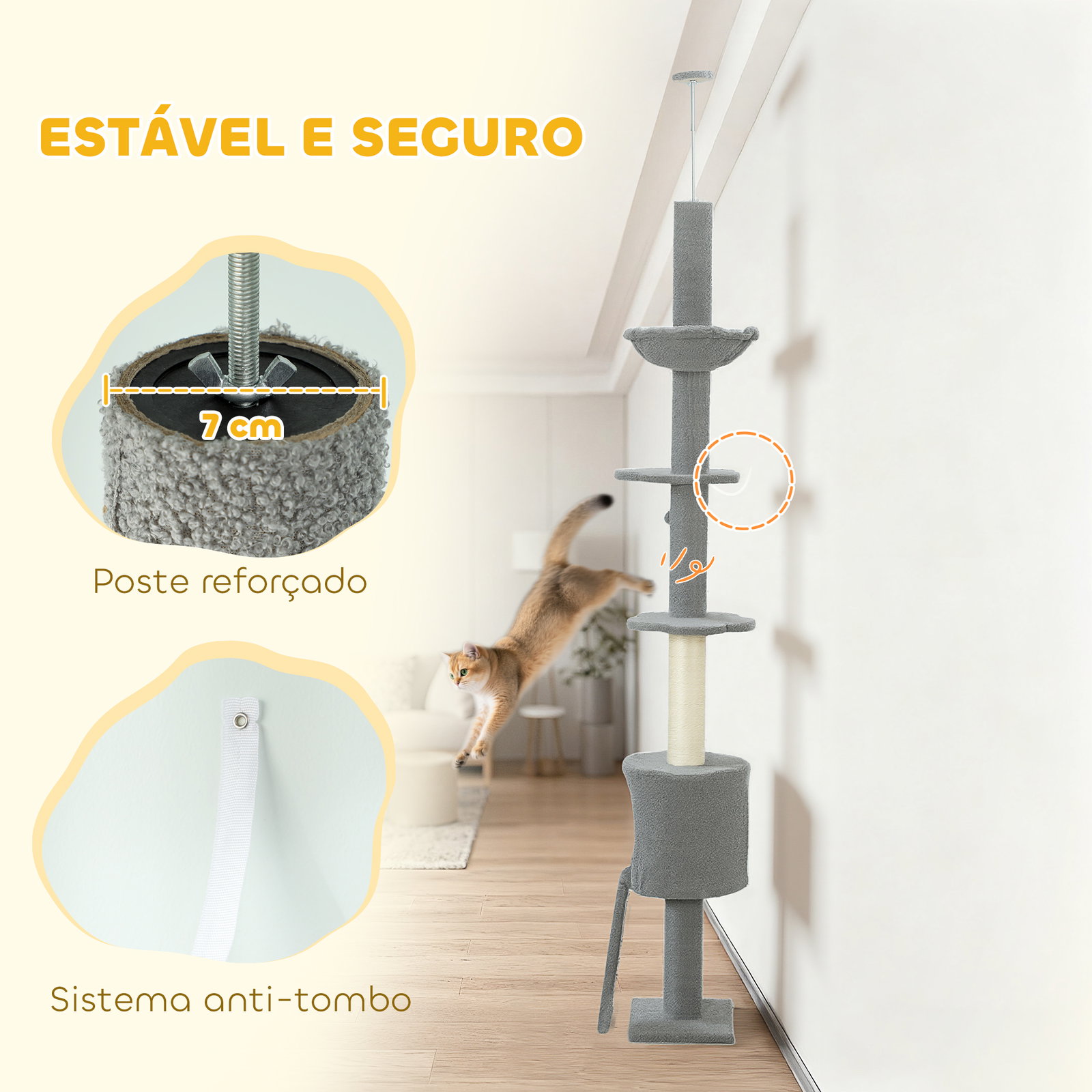 Arranhador para gatos de chão a teto com altura ajustável de 220-240 cm rede plataformas em flor cavernas rampa e bola cinza