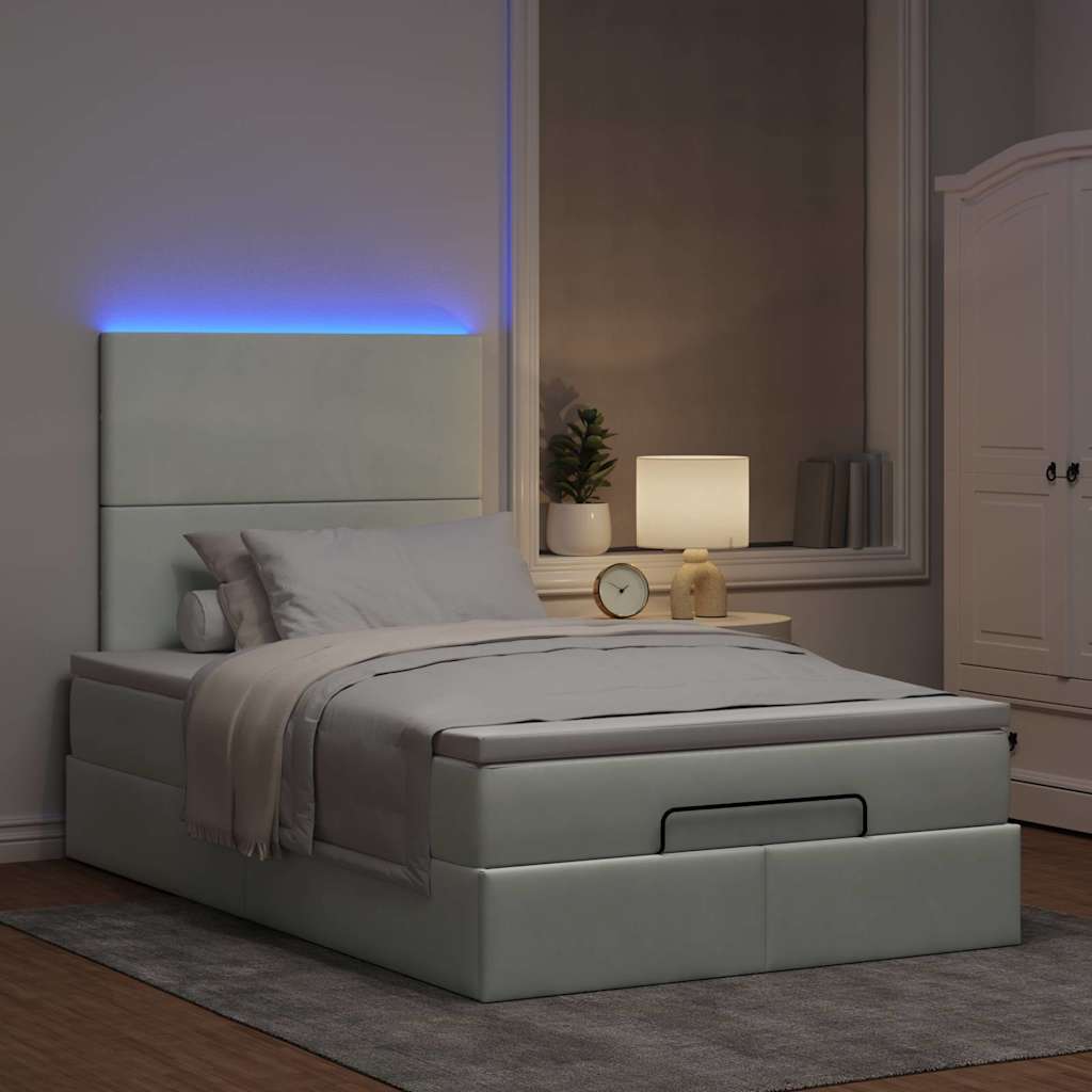 Estrutura de cama otomana com colchões cinza claro veludo