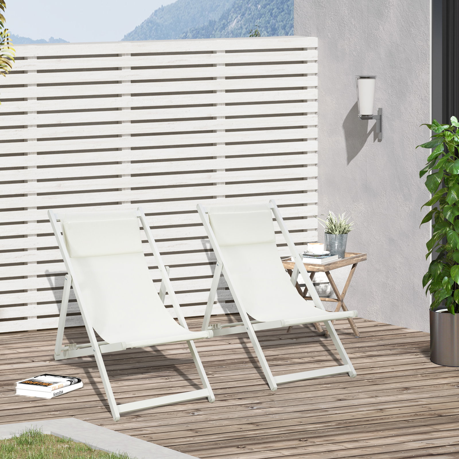Conjunto de 2 espreguiçadeiras dobráveis de alumínio com encosto ajustável em 5 posições e apoio de cabeça 60x100x85 cm branco