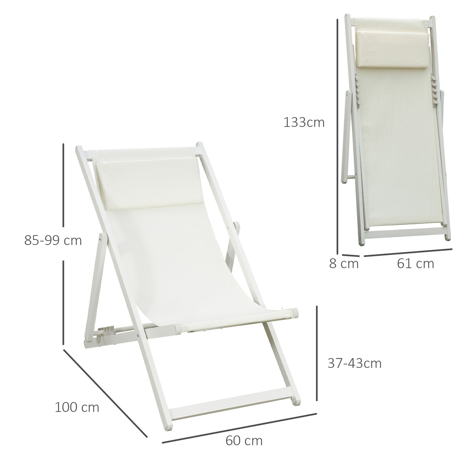 Conjunto de 2 espreguiçadeiras dobráveis de alumínio com encosto ajustável em 5 posições e apoio de cabeça 60x100x85 cm branco