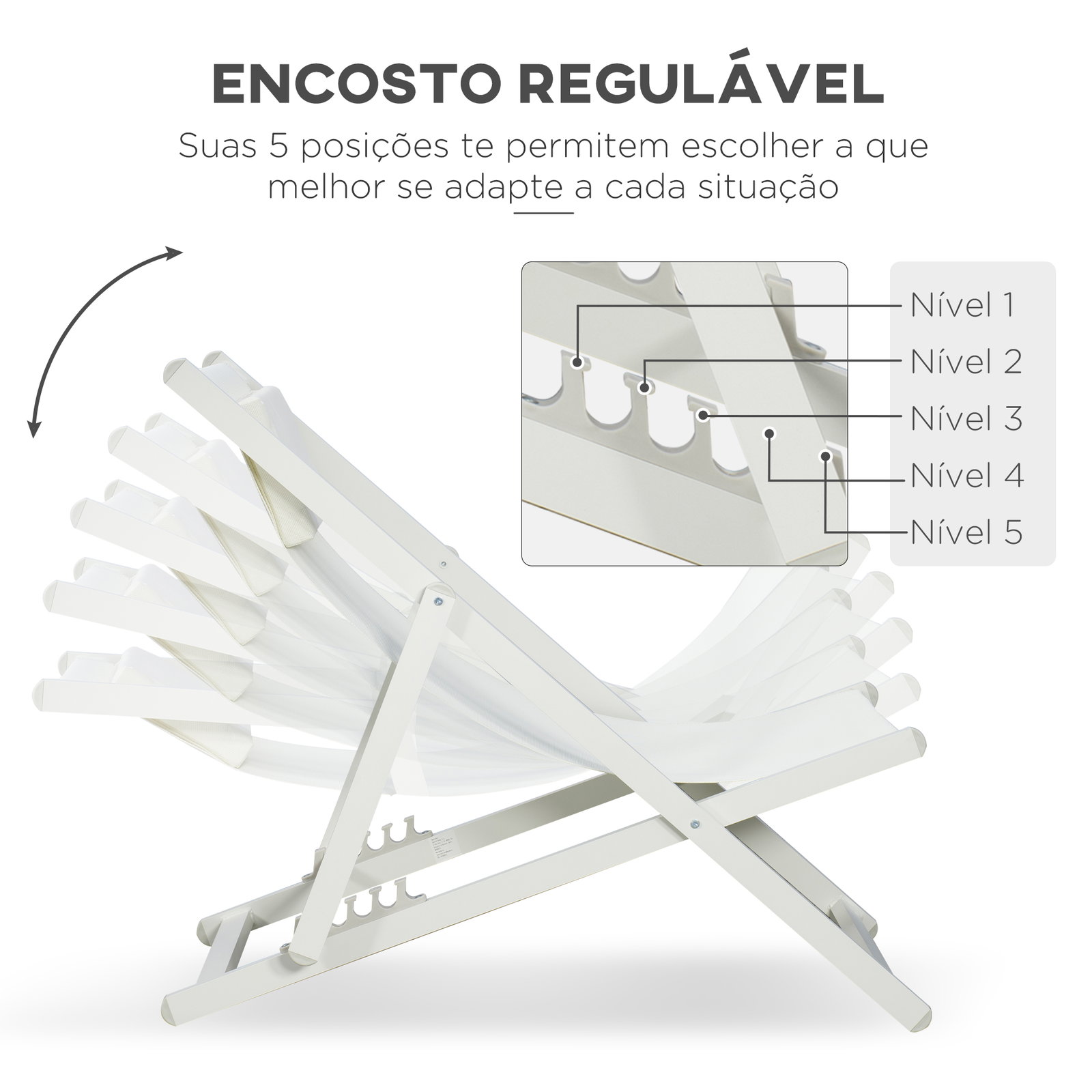 Conjunto de 2 espreguiçadeiras dobráveis de alumínio com encosto ajustável em 5 posições e apoio de cabeça 60x100x85 cm branco