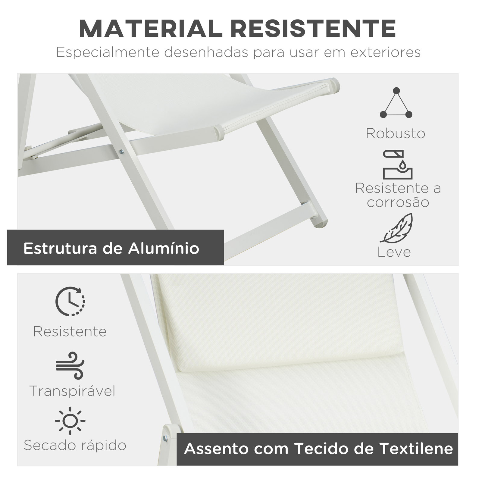 Conjunto de 2 espreguiçadeiras dobráveis de alumínio com encosto ajustável em 5 posições e apoio de cabeça 60x100x85 cm branco