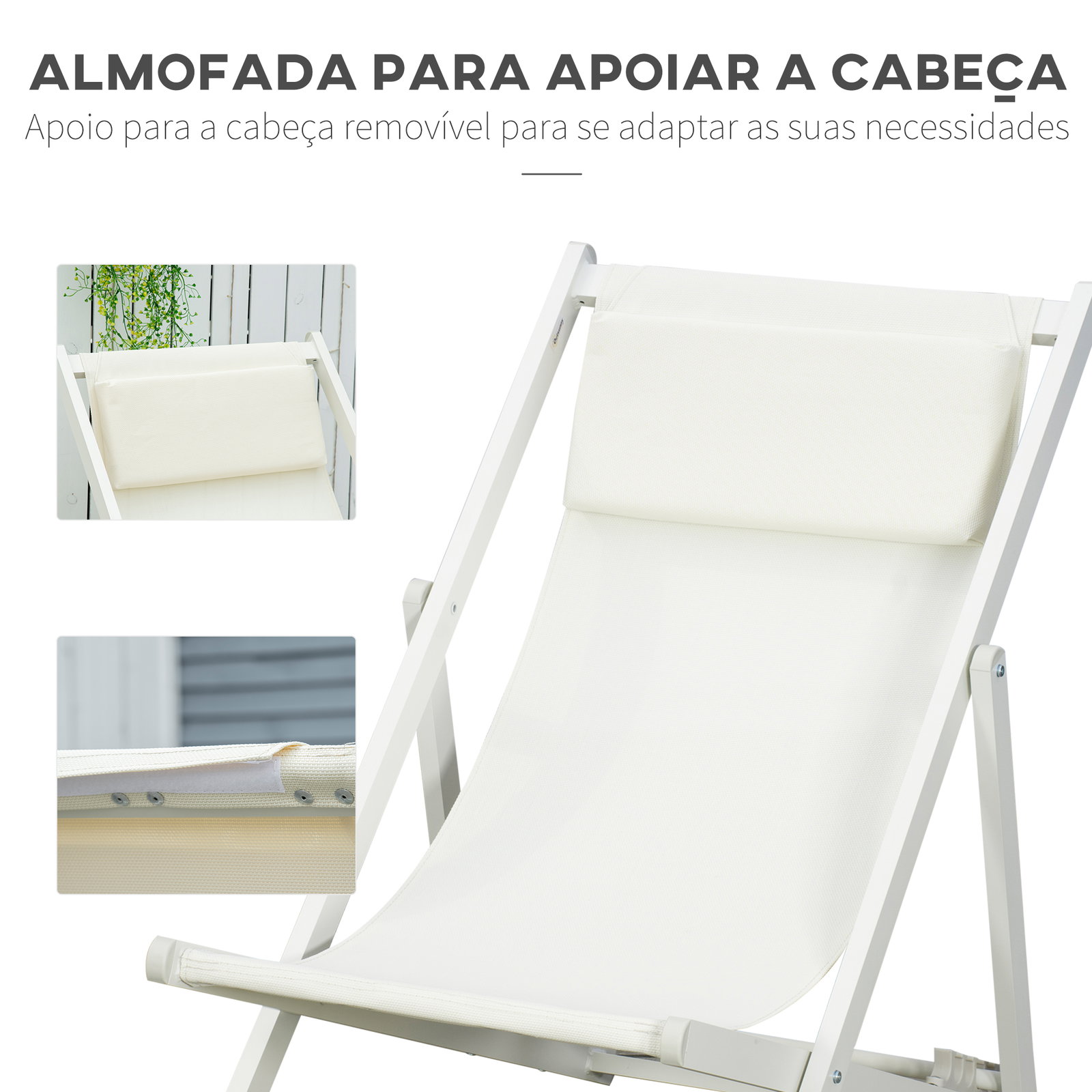 Conjunto de 2 espreguiçadeiras dobráveis de alumínio com encosto ajustável em 5 posições e apoio de cabeça 60x100x85 cm branco
