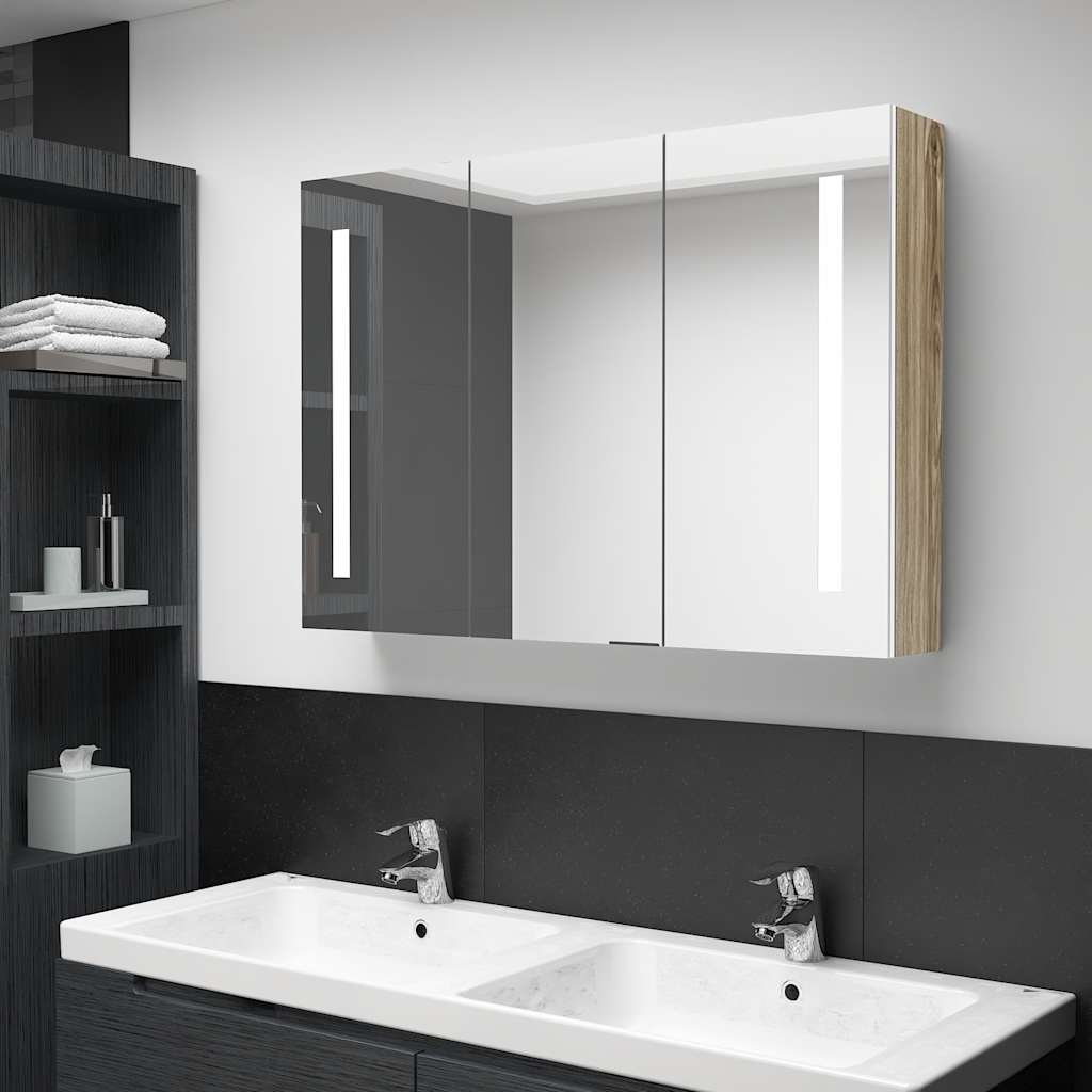 Armário espelhado casa de banho LED 89x14x62 cm branco/carvalho