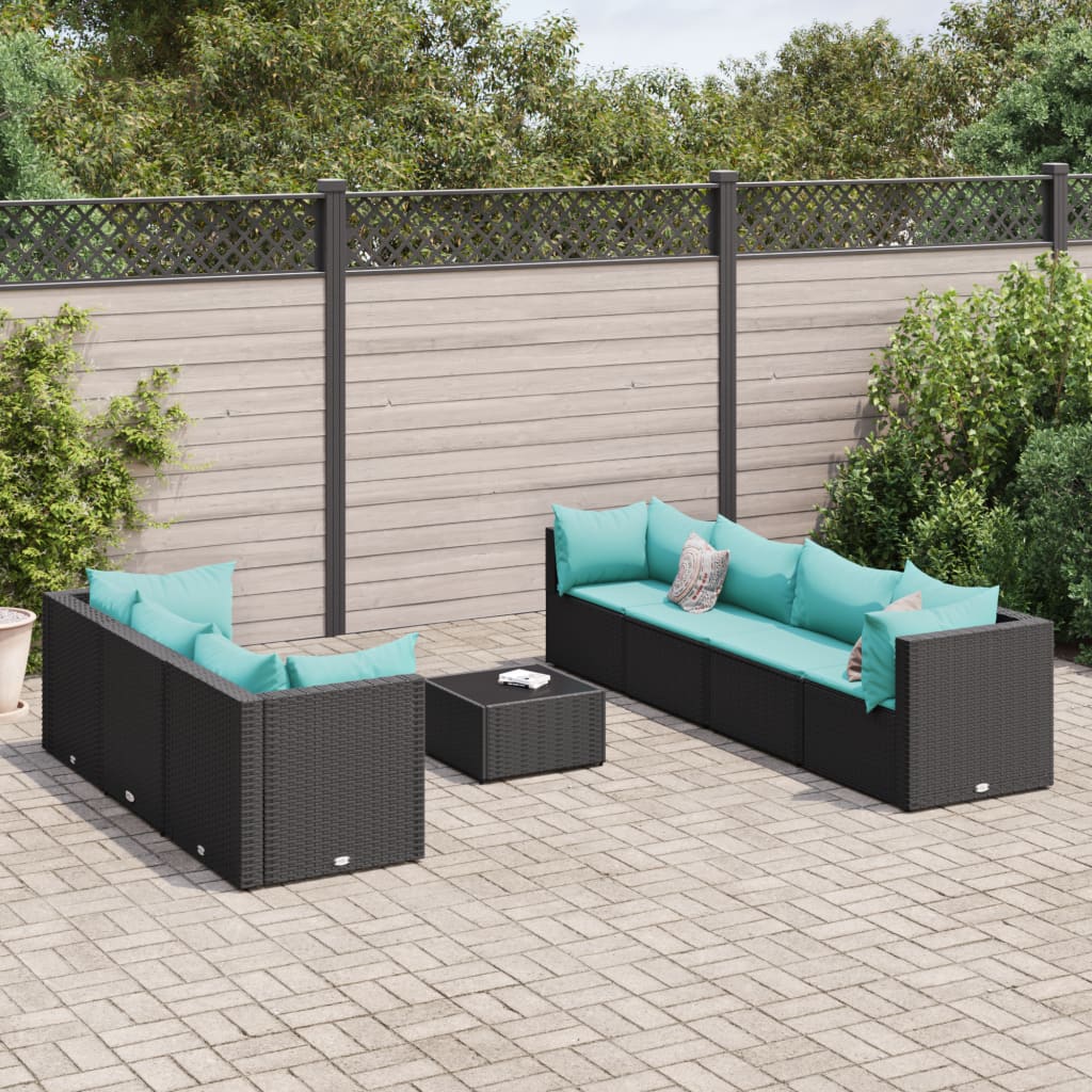 8 Pcs conjunto lounge de jardim c/ almofadões vime PE preto