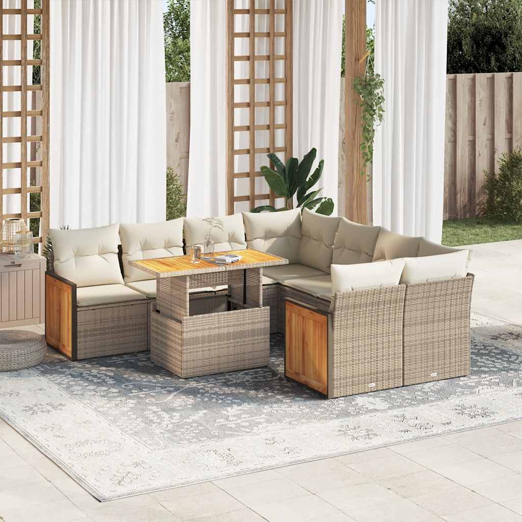 9 Pcs conjunto sofás jardim com almofadões vime PE/acácia bege