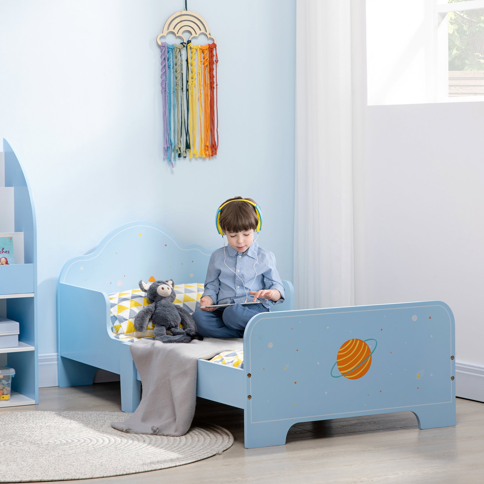 Cama para crianças de 3-6 anos 143x74x59cm cama infantil de madeira com barreiras de proteção azul