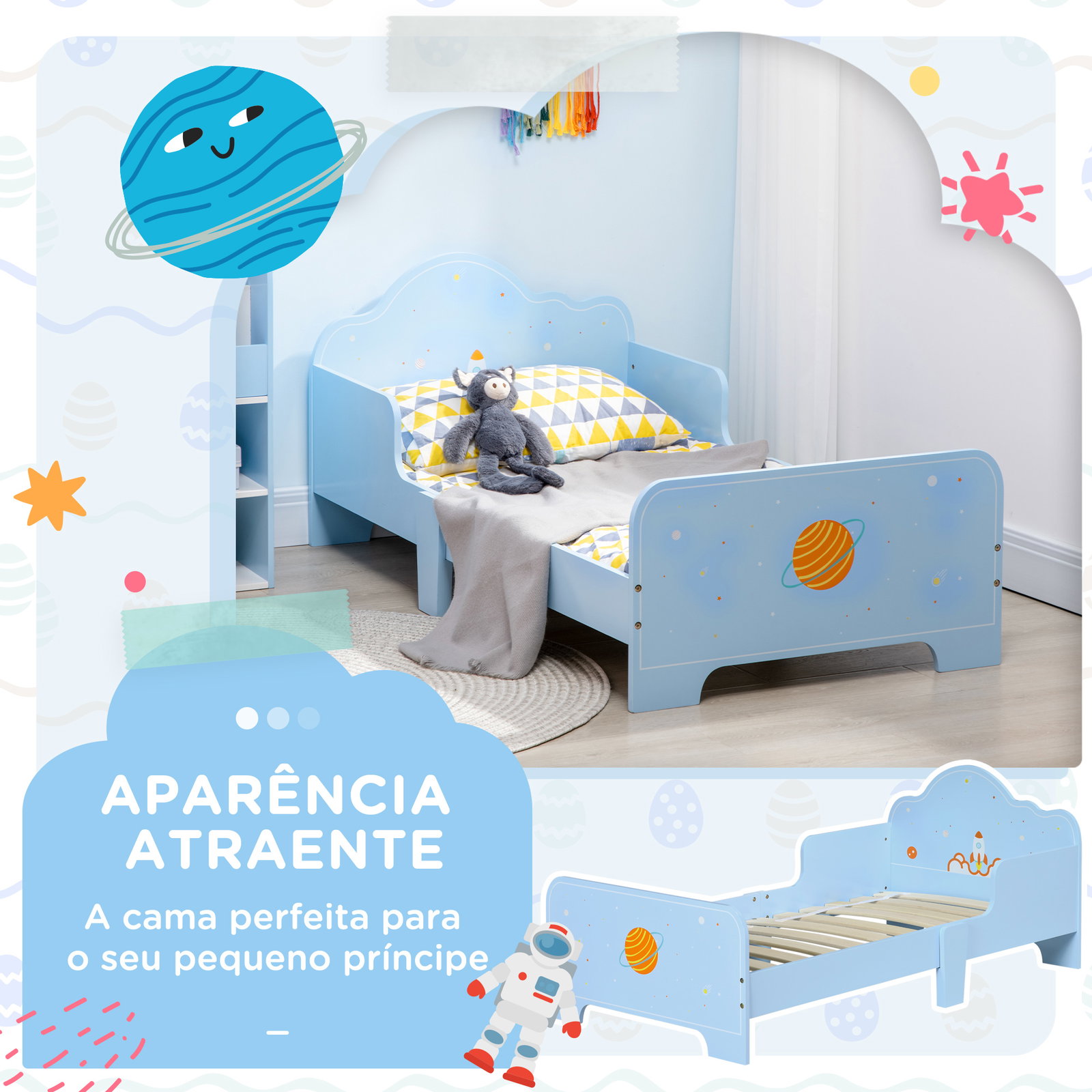 Cama para crianças de 3-6 anos 143x74x59cm cama infantil de madeira com barreiras de proteção azul