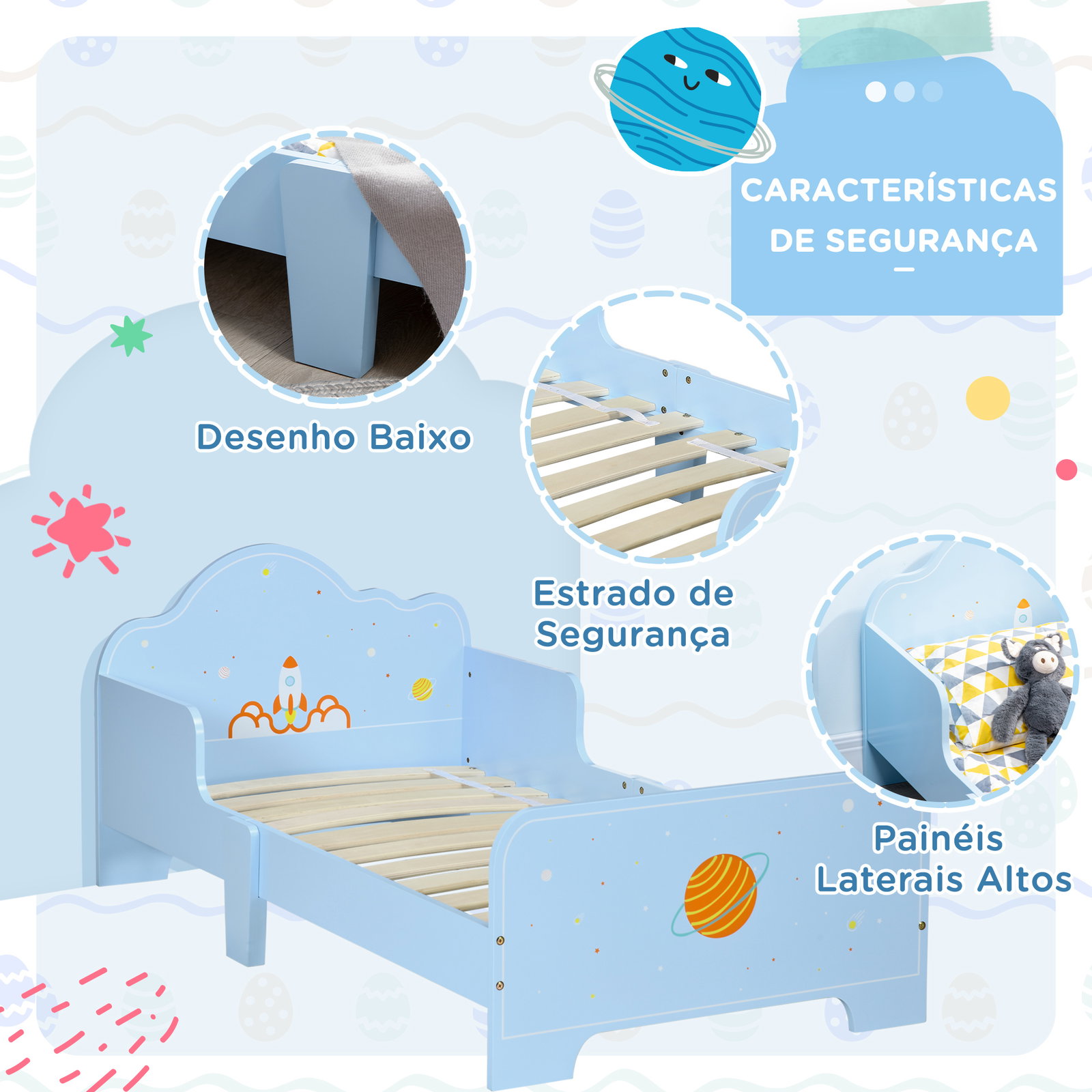 Cama para crianças de 3-6 anos 143x74x59cm cama infantil de madeira com barreiras de proteção azul