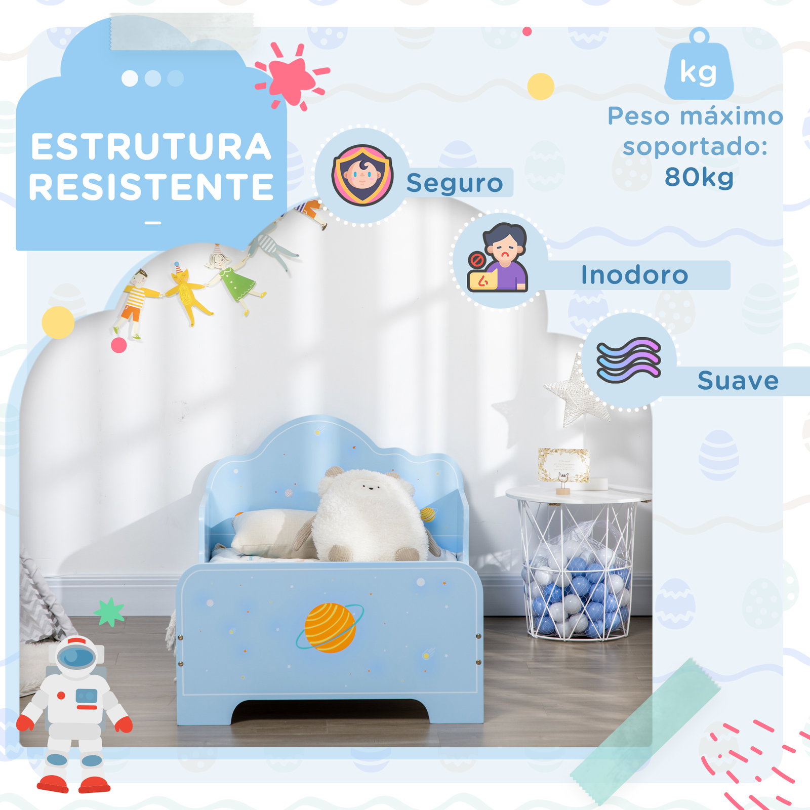 Cama para crianças de 3-6 anos 143x74x59cm cama infantil de madeira com barreiras de proteção azul