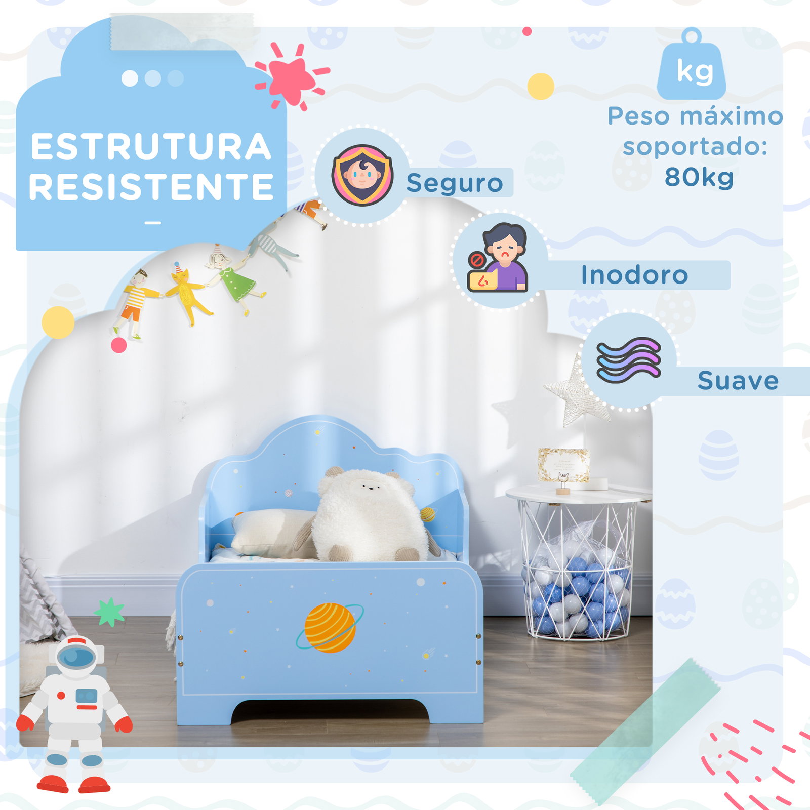 Cama para crianças de 3-6 anos 143x74x59cm cama infantil de madeira com barreiras de proteção azul