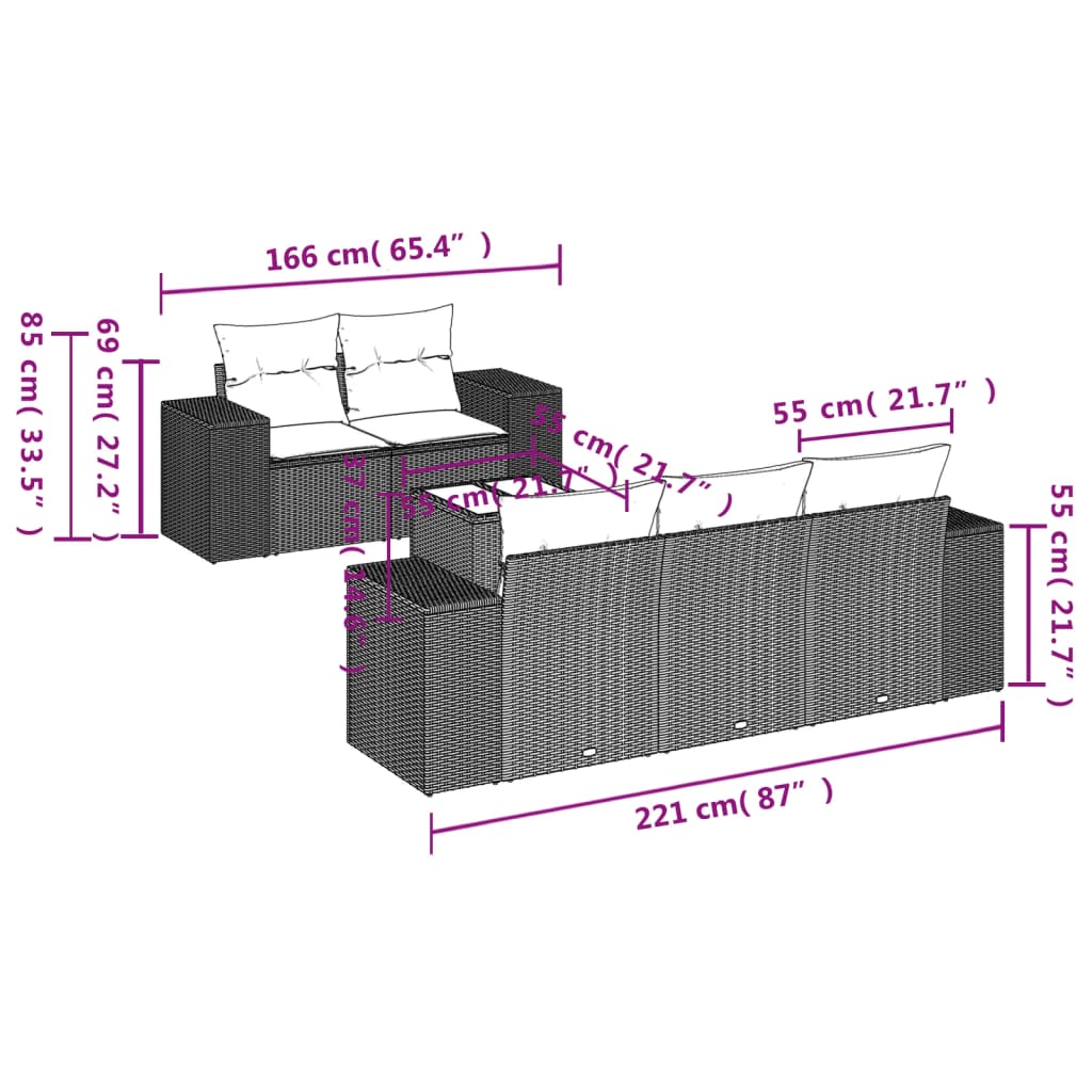 6 Pcs conjunto sofás de jardim c/ almofadões vime PE preto