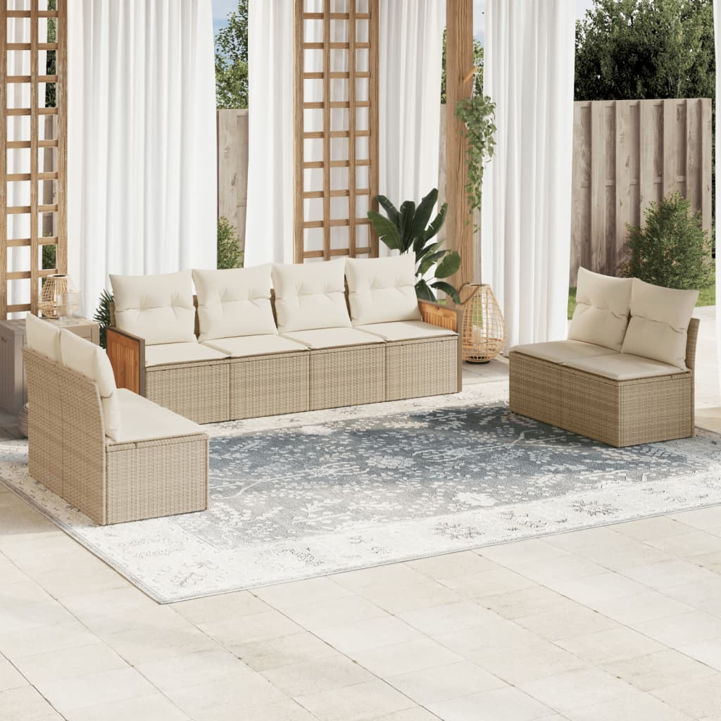 8 Pcs conjunto de sofás p/ jardim com almofadões vime PE bege