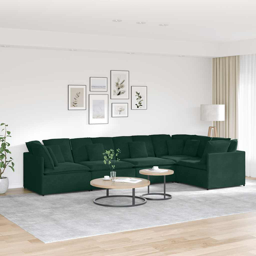 Sofá modular com almofadas em veludo verde escuro