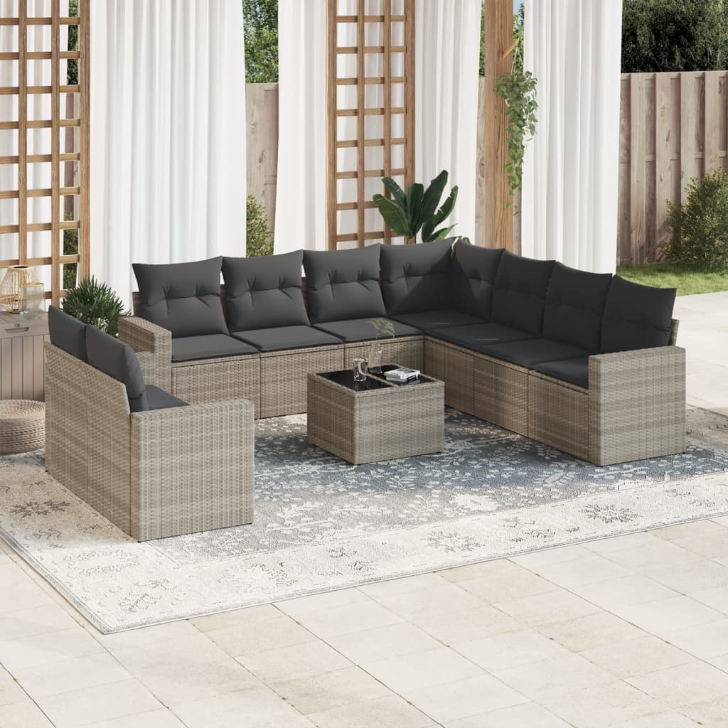 10 Pcs conj. sofás jardim com almofadões vime PE cinzento-claro
